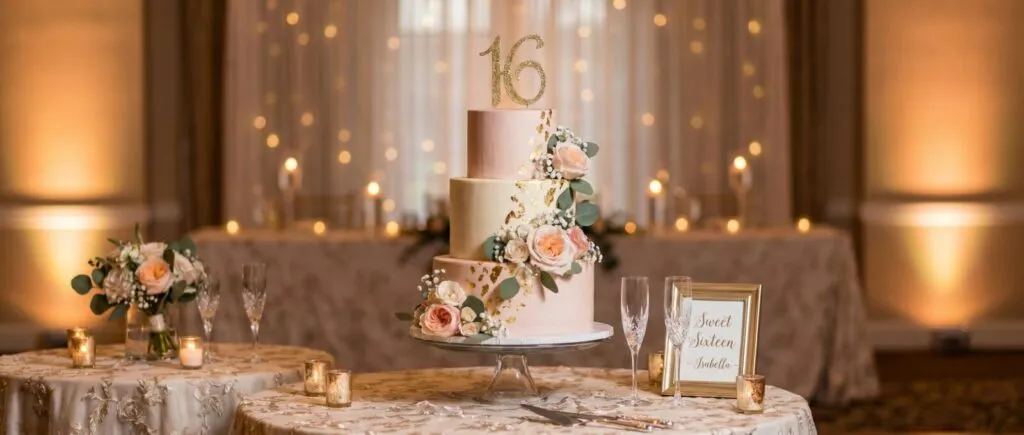 Elegant three-tier white Sweet 16 birthday cake with gold number 16 topper, pink roses, and greenery on cake stand at San Diego celebration venue with ambient lighting