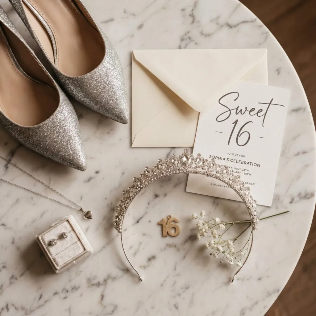 Sweet 16 party invitation with silver glitter heels, tiara, jewelry, and flowers on marble table for San Diego celebration