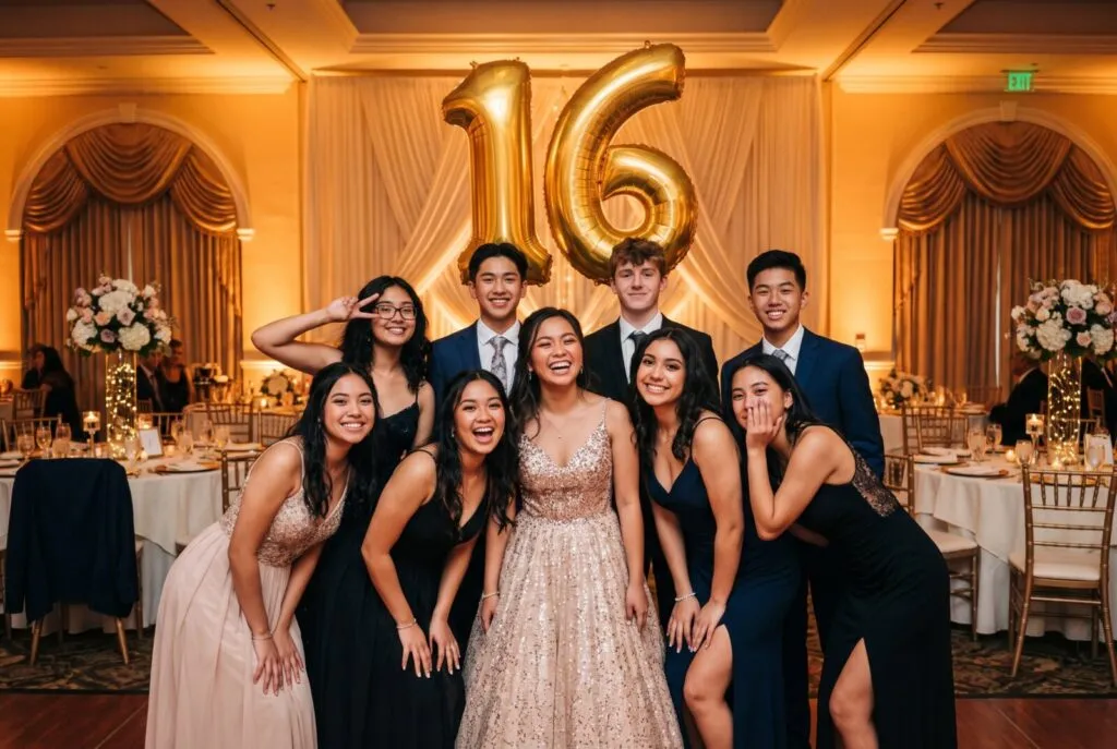 Group of happy teenagers posing together at elegant Sweet 16 celebration with gold number 16 balloons and formal gold-lit venue