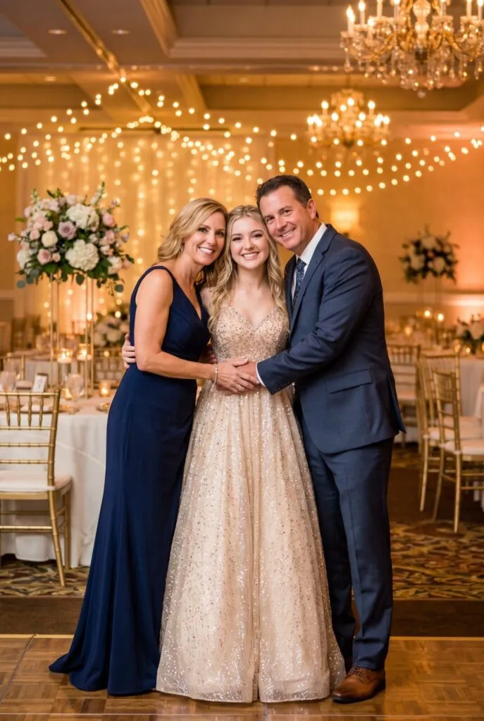 Family portrait at elegant Sweet 16 celebration with parents and daughter in formal attire, lit by golden string lights and chandelier in upscale San Diego venue