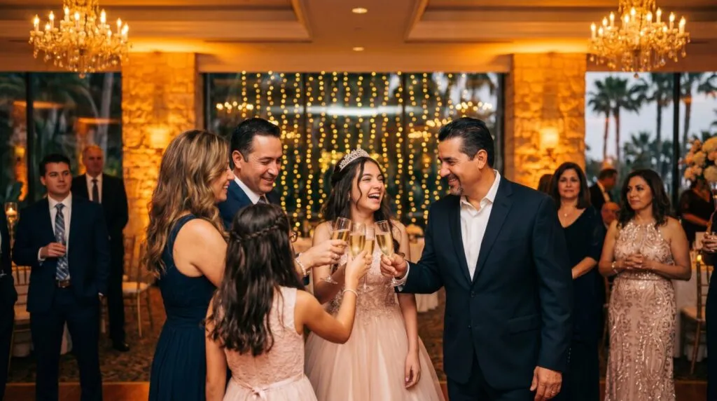 Teenage girl in tiara enjoying Sweet 16 party with guests in elegant ballroom with golden chandelier lighting and string light backdrop decoration