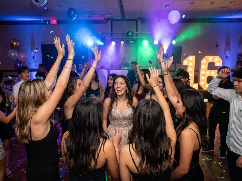 Young woman in sparkly dress dancing with friends at vibrant Sweet 16 party with colorful stage lighting and DJ booth in San Diego venue