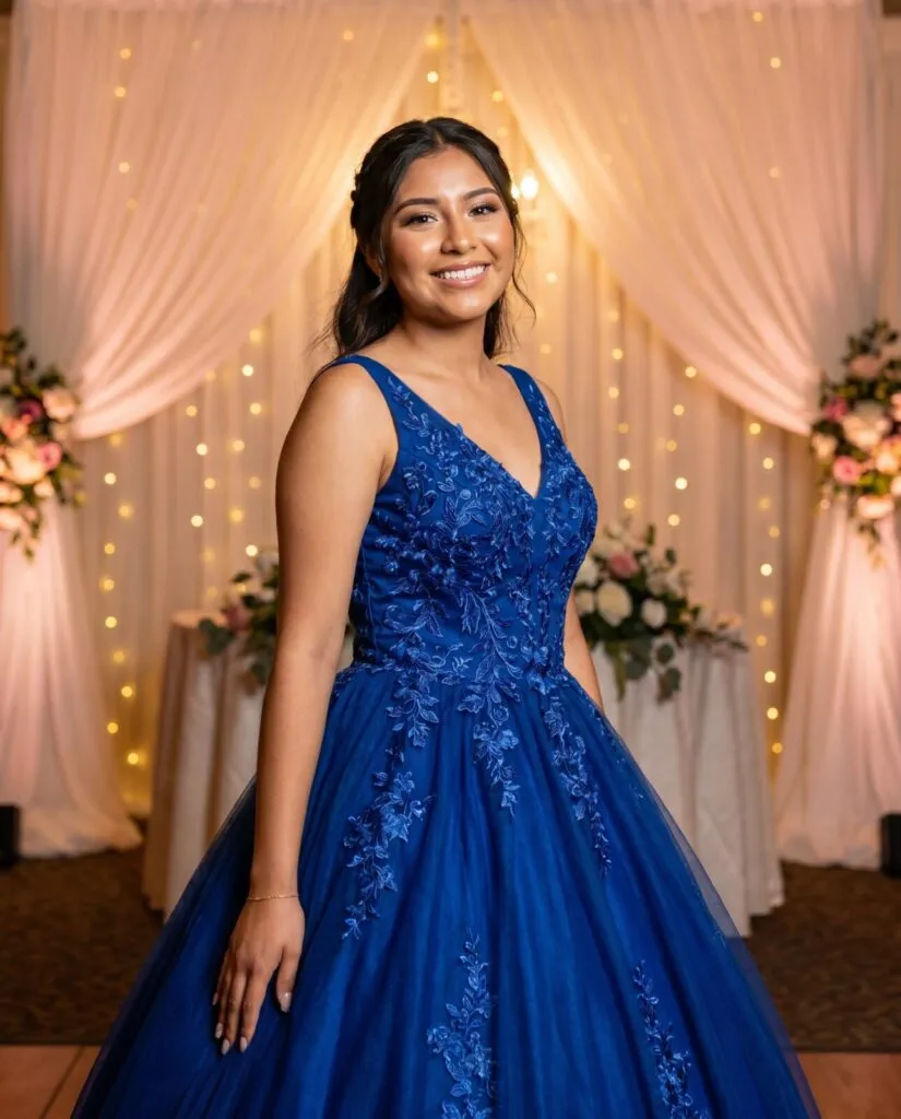 Smiling teen girl in elegant blue beaded dress poses for Sweet 16 portrait in front of illuminated pink curtains with gold lights and floral arrangements