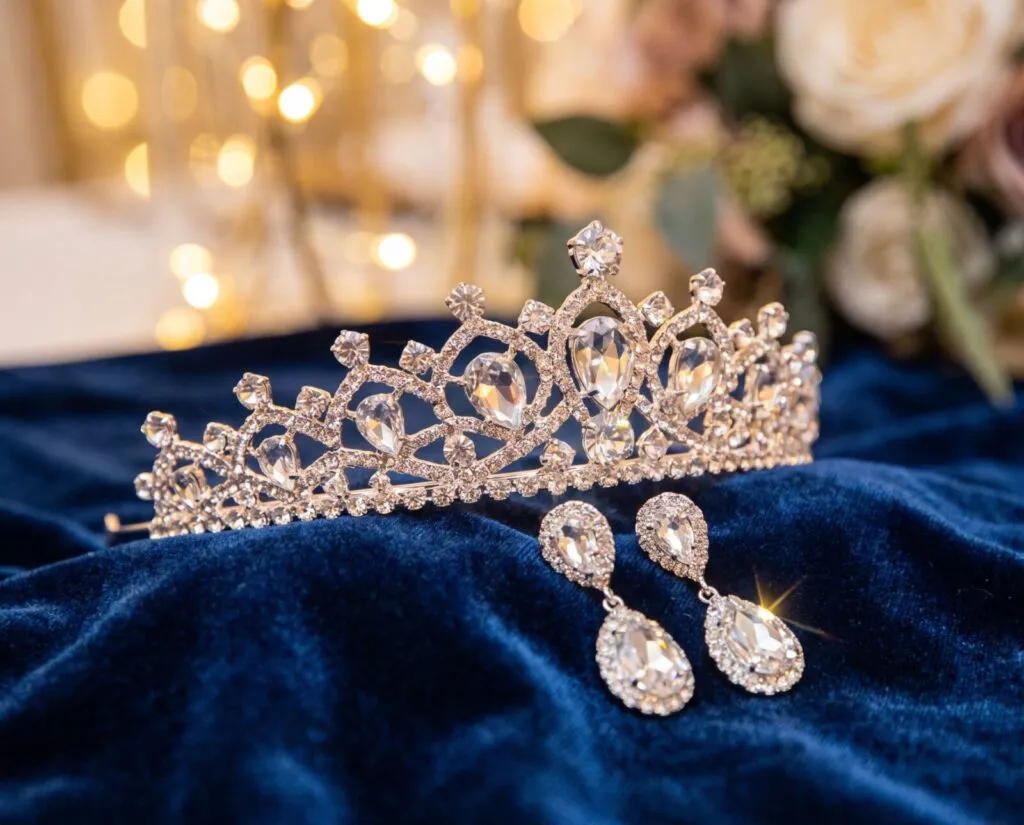 Elegant crystal tiara and teardrop earrings on blue velvet fabric for Sweet 16 celebration photography in San Diego