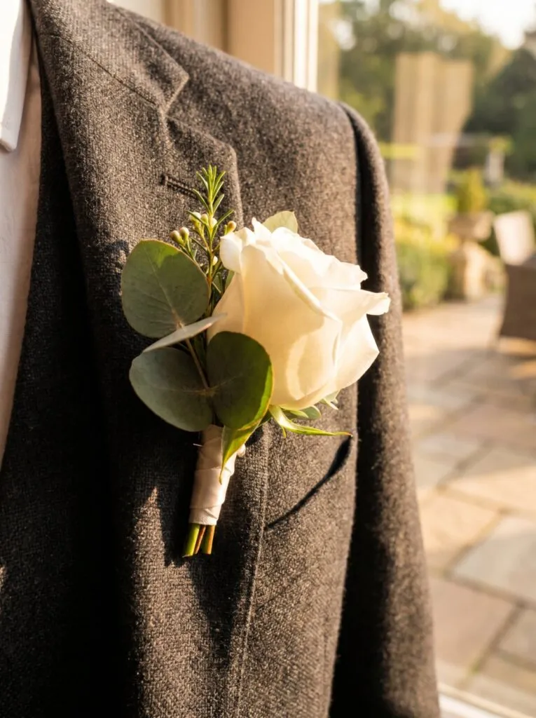 White rose boutonniere with eucalyptus greenery pinned to gray groom suit jacket at San Diego wedding