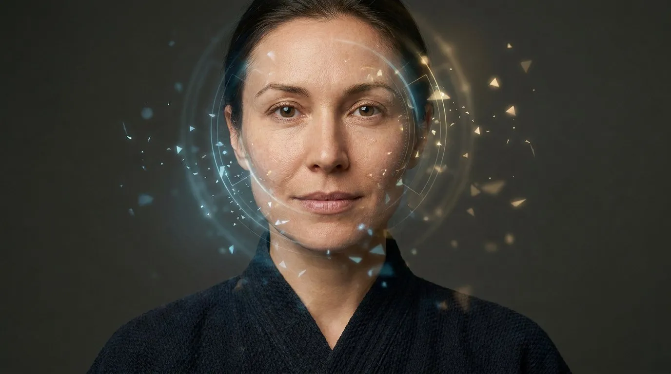 Woman's face with digital facial recognition overlay and glowing particles, representing biometric technology and digital identity verification