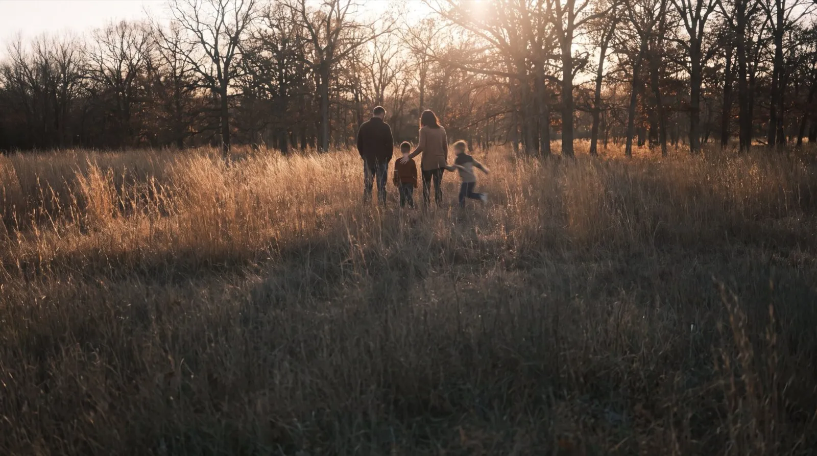 A family walking together through a golden autumn meadow at sunset